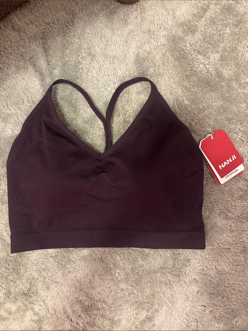 Women's Ribbed V-Neck Bralette/Padded Sports Bra in Plum